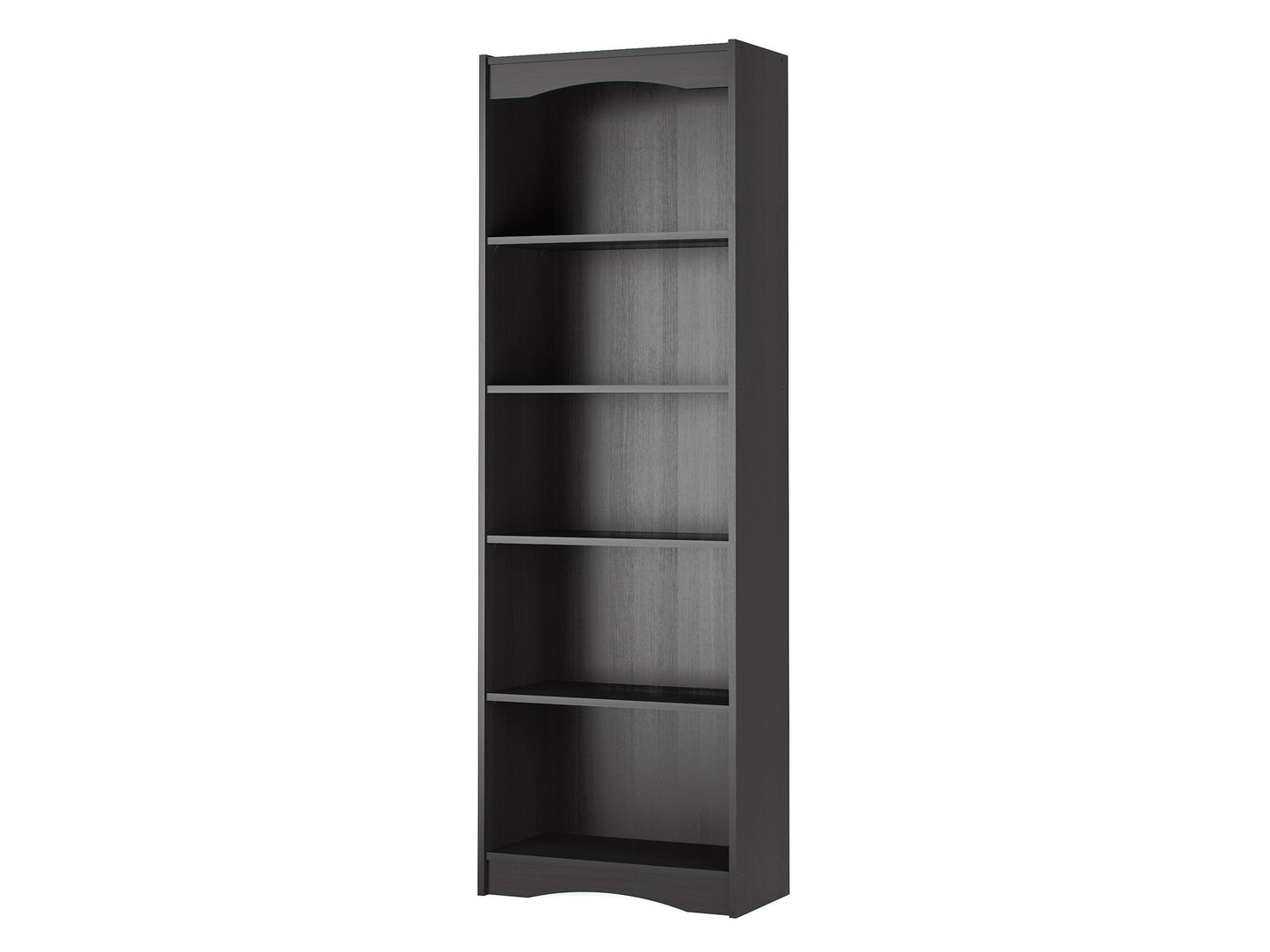 Tall black 72-inch bookcase with five wooden shelves, sleek modern design, and sturdy construction, perfect for organizing books, decor, and storage items in a home or office setting.