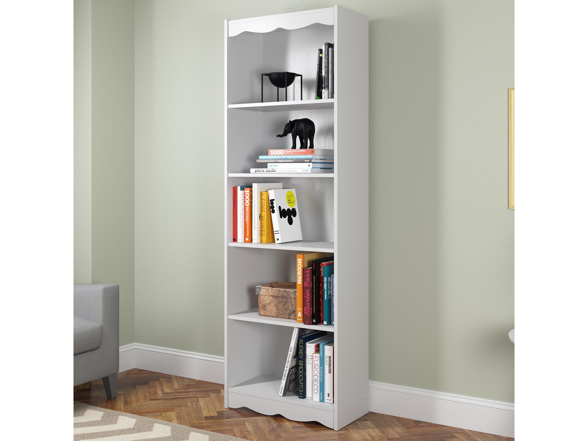Tall white bookcase, 72 inches, with five shelves, sleek modern design, made of durable wood, perfect for living room or office, ideal for organizing books, decor, and storage.