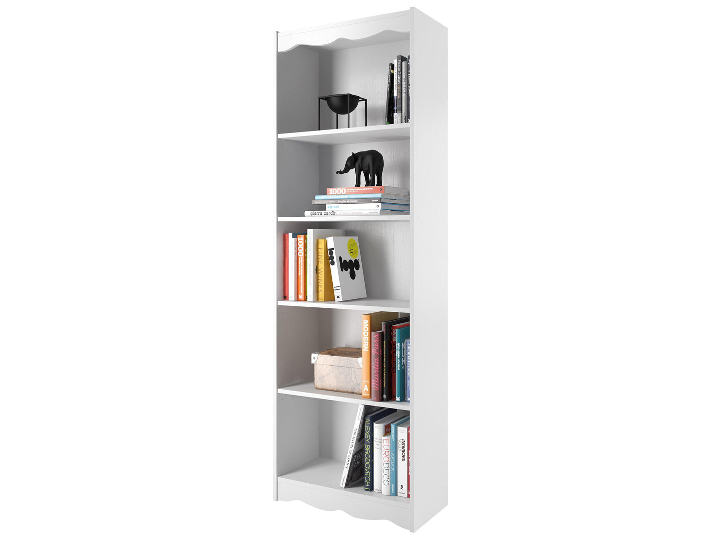 Tall white 72" bookcase with five shelves, sleek design, and sturdy construction, perfect for organizing books, decor, and storage items. Ideal for modern and minimalist home or office spaces.