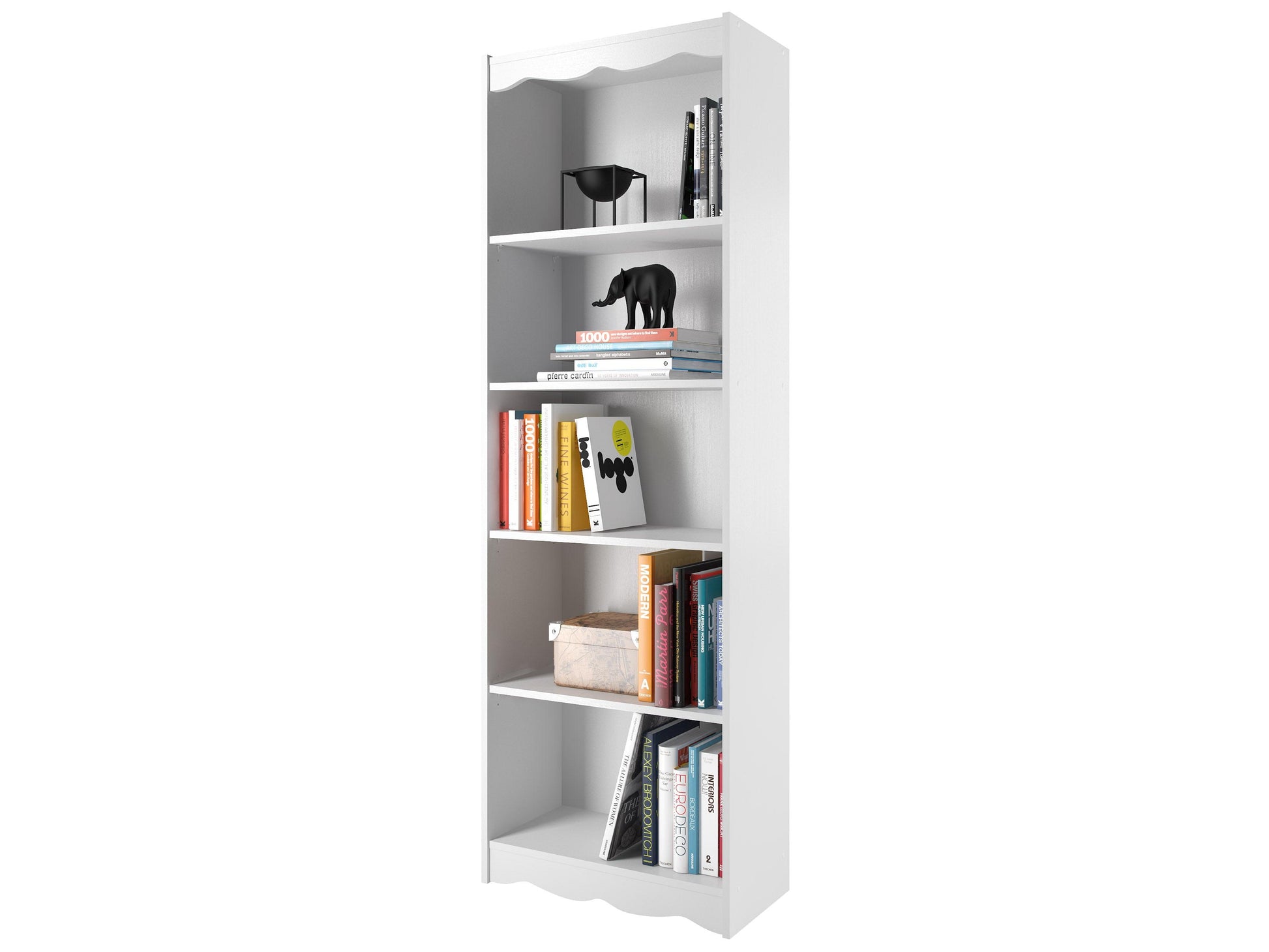 Tall white 72" bookcase with five shelves, sleek design, and sturdy construction, perfect for organizing books, decor, and storage items. Ideal for modern and minimalist home or office spaces.