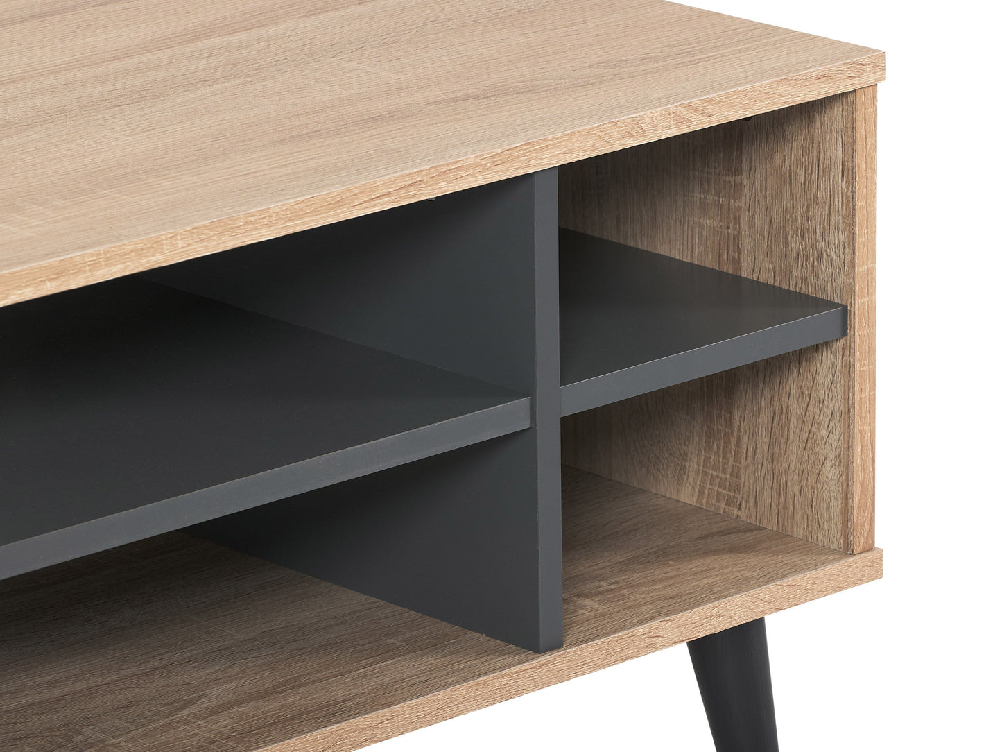 Light wood and grey coffee table with storage, rectangular design, sleek metal legs, and modern minimalist style.
