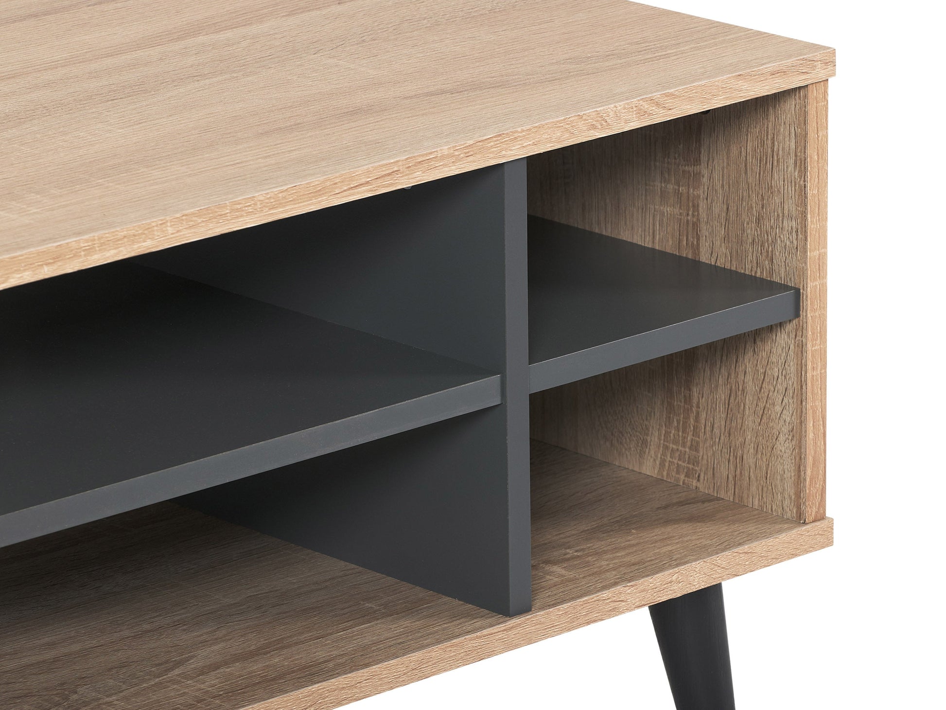 Light wood and grey coffee table with storage, rectangular design, sleek metal legs, and modern minimalist style.