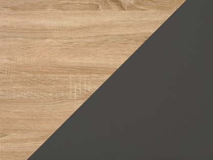 Light wood and grey rectangle coffee table with storage, minimalist design, and sleek finish.