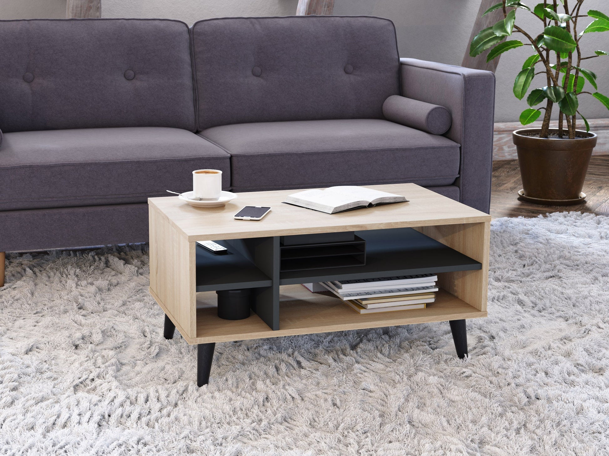 Light wood rectangle coffee table with grey storage shelf, minimalist design, and sturdy construction.