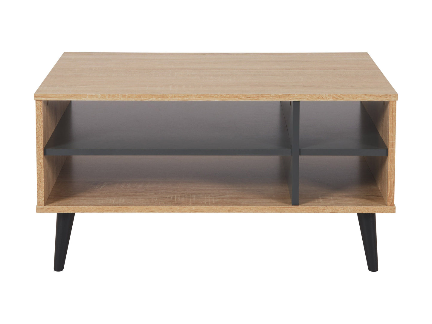 Light wood and grey rectangle coffee table with storage, minimalist design, and sleek lines.