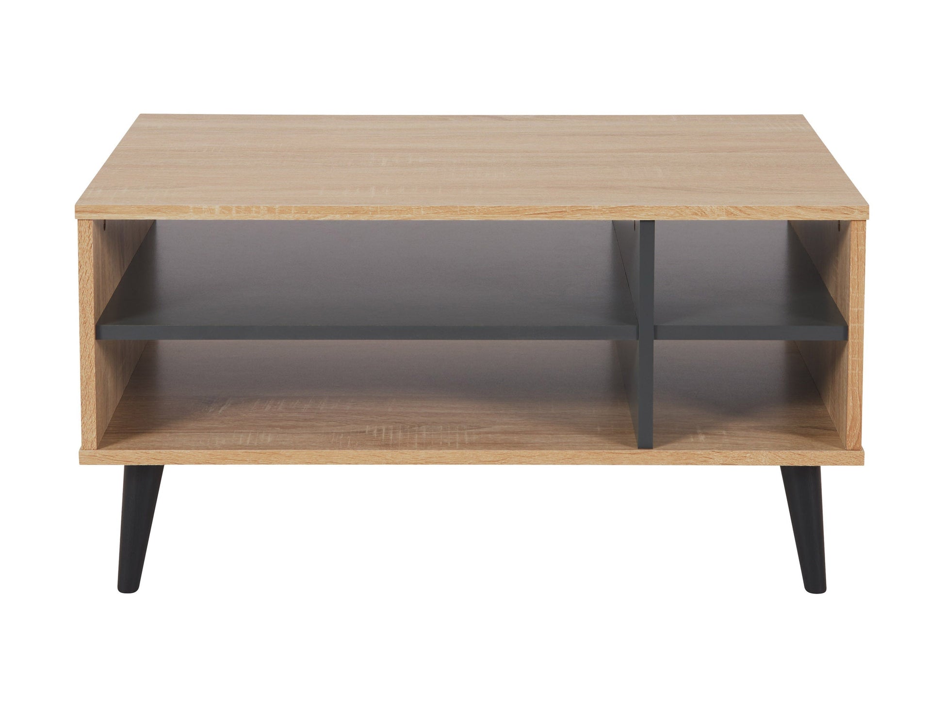 Light wood and grey rectangle coffee table with storage, minimalist design, and sleek lines.