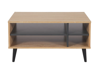 Light wood and grey rectangle coffee table with storage, minimalist design, and sleek lines.
