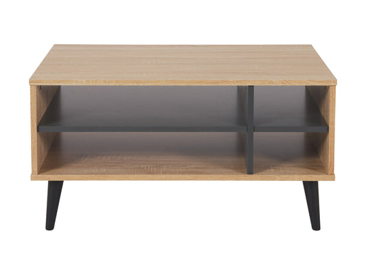 Light wood and grey rectangle coffee table with storage, minimalist design, and sleek lines.
