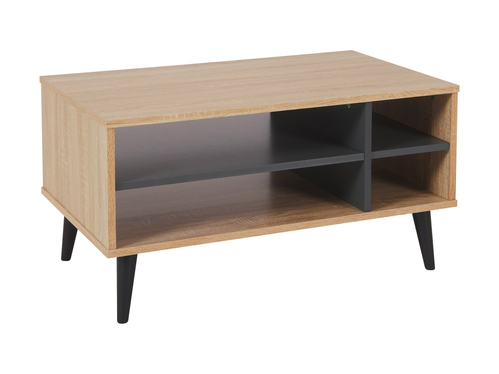 Light wood and grey rectangle coffee table with storage, minimalist design, and sleek lines.