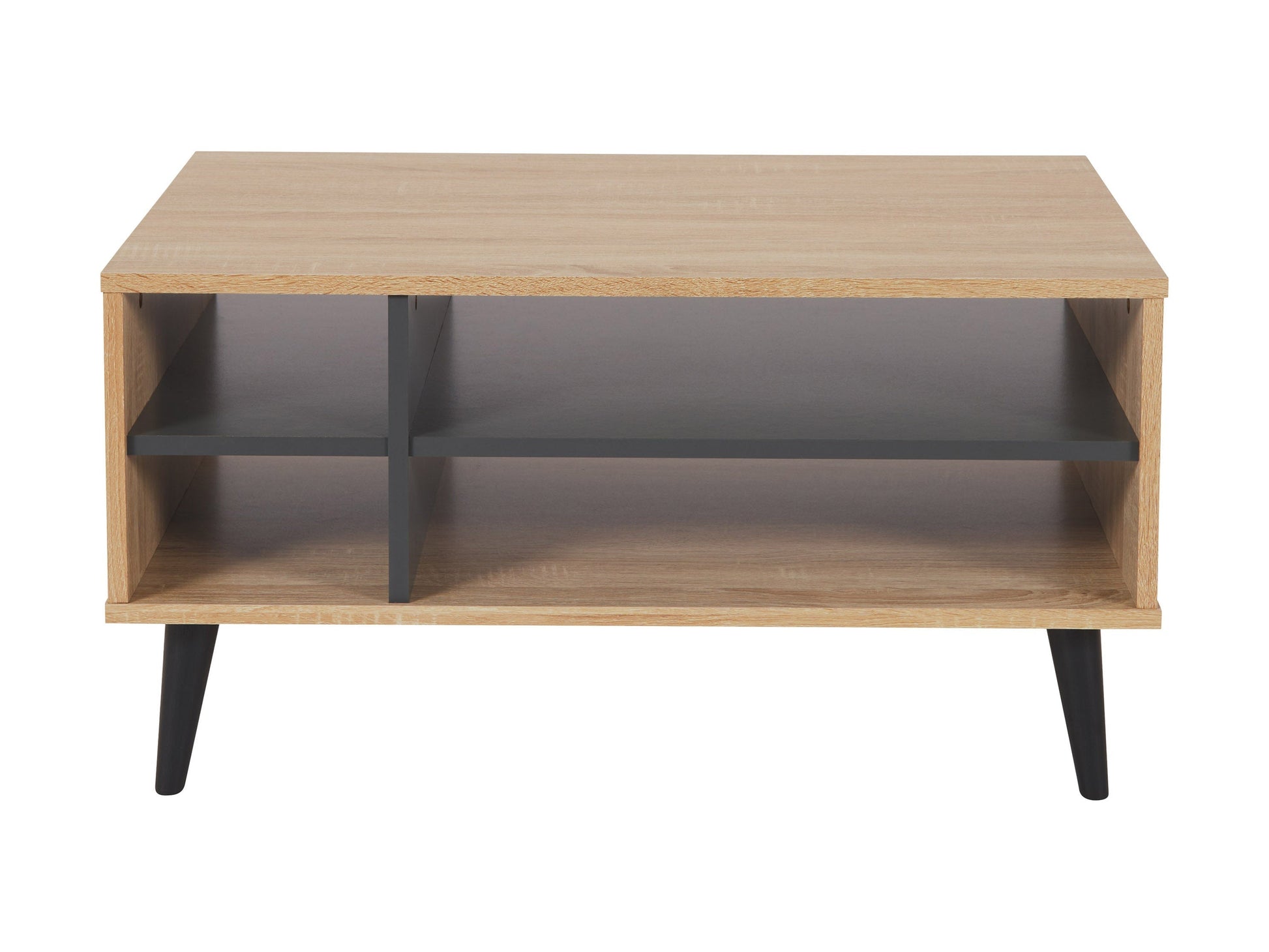 Light wood and grey rectangle coffee table with storage, minimalist design, and sleek lines.