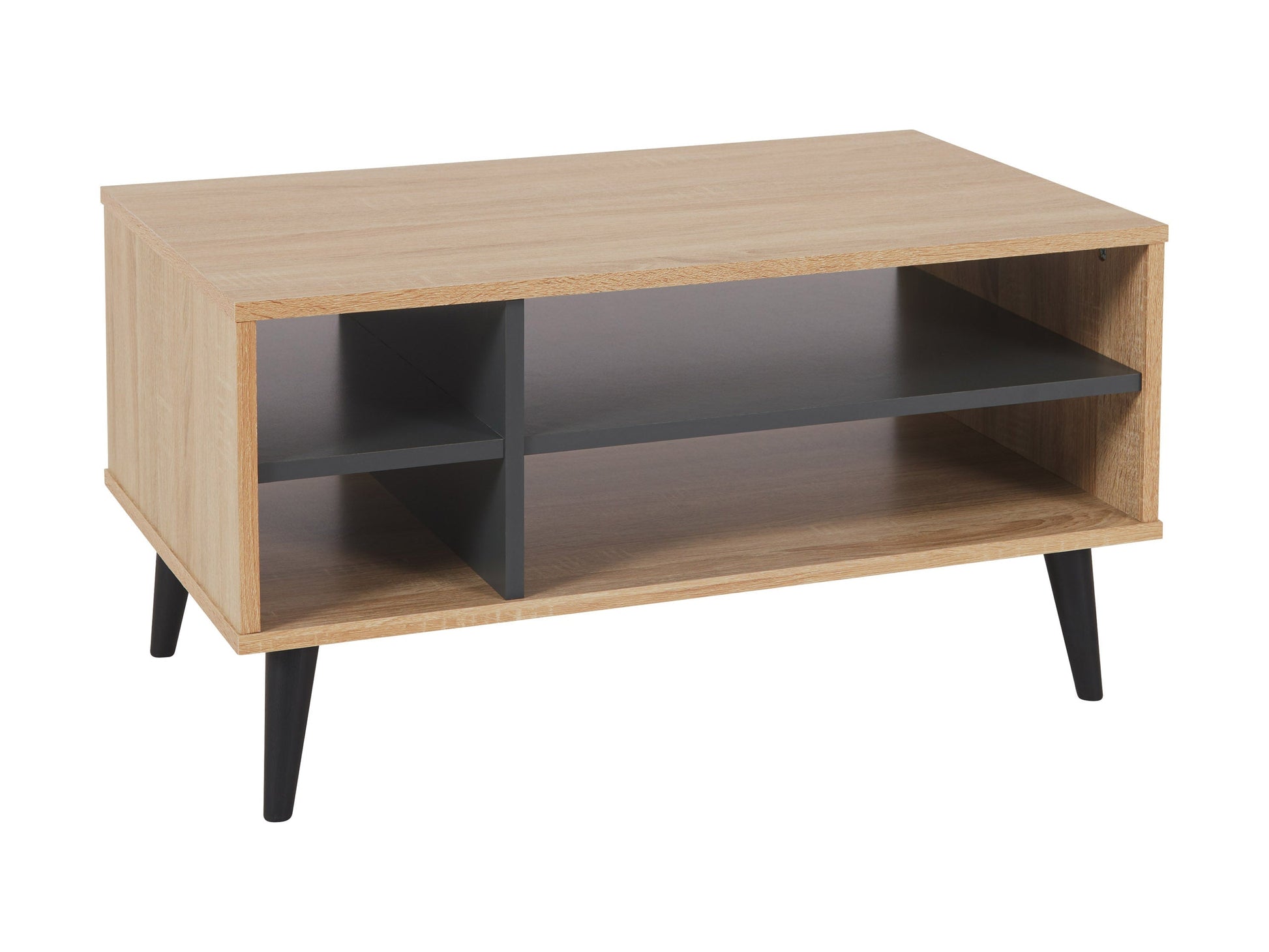 Light wood coffee table with grey storage shelf, minimalist design, and sleek metal legs.