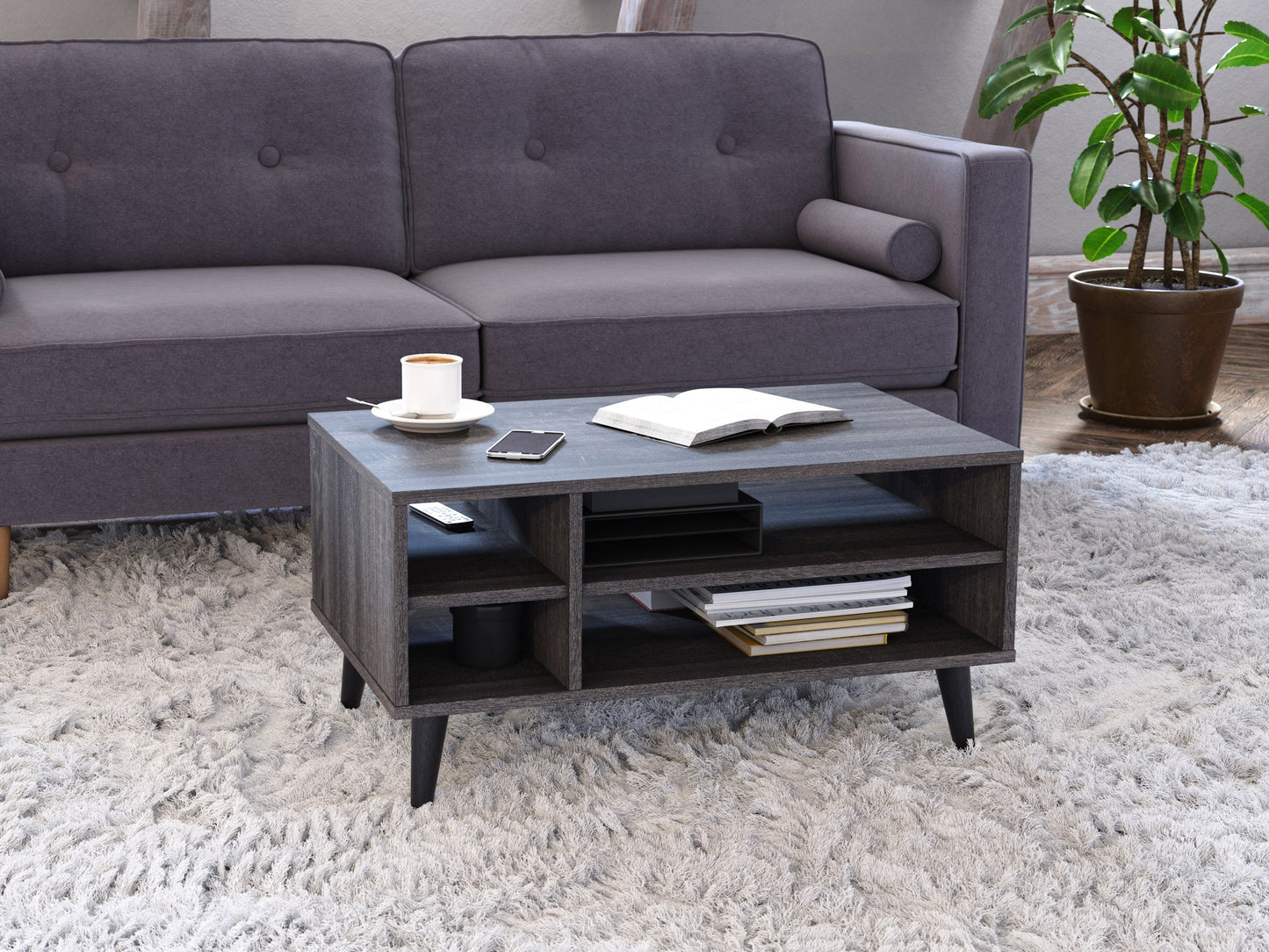 Dark grey rectangle coffee table with storage, minimalist design, wooden legs, and smooth finish.