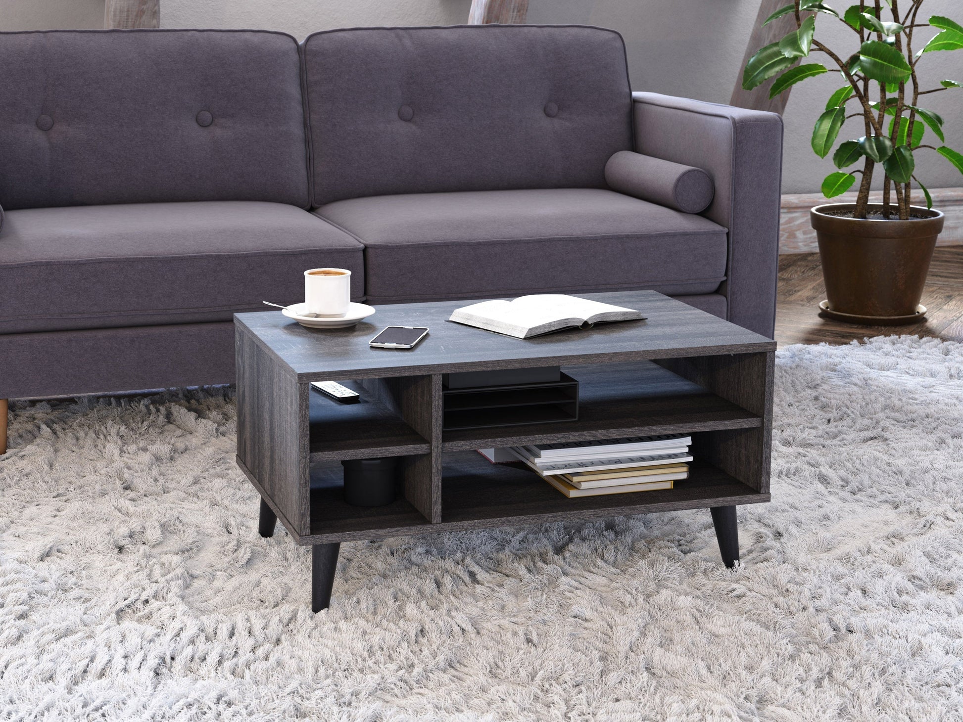 Dark grey rectangle coffee table with storage, minimalist design, wooden legs, and smooth finish.