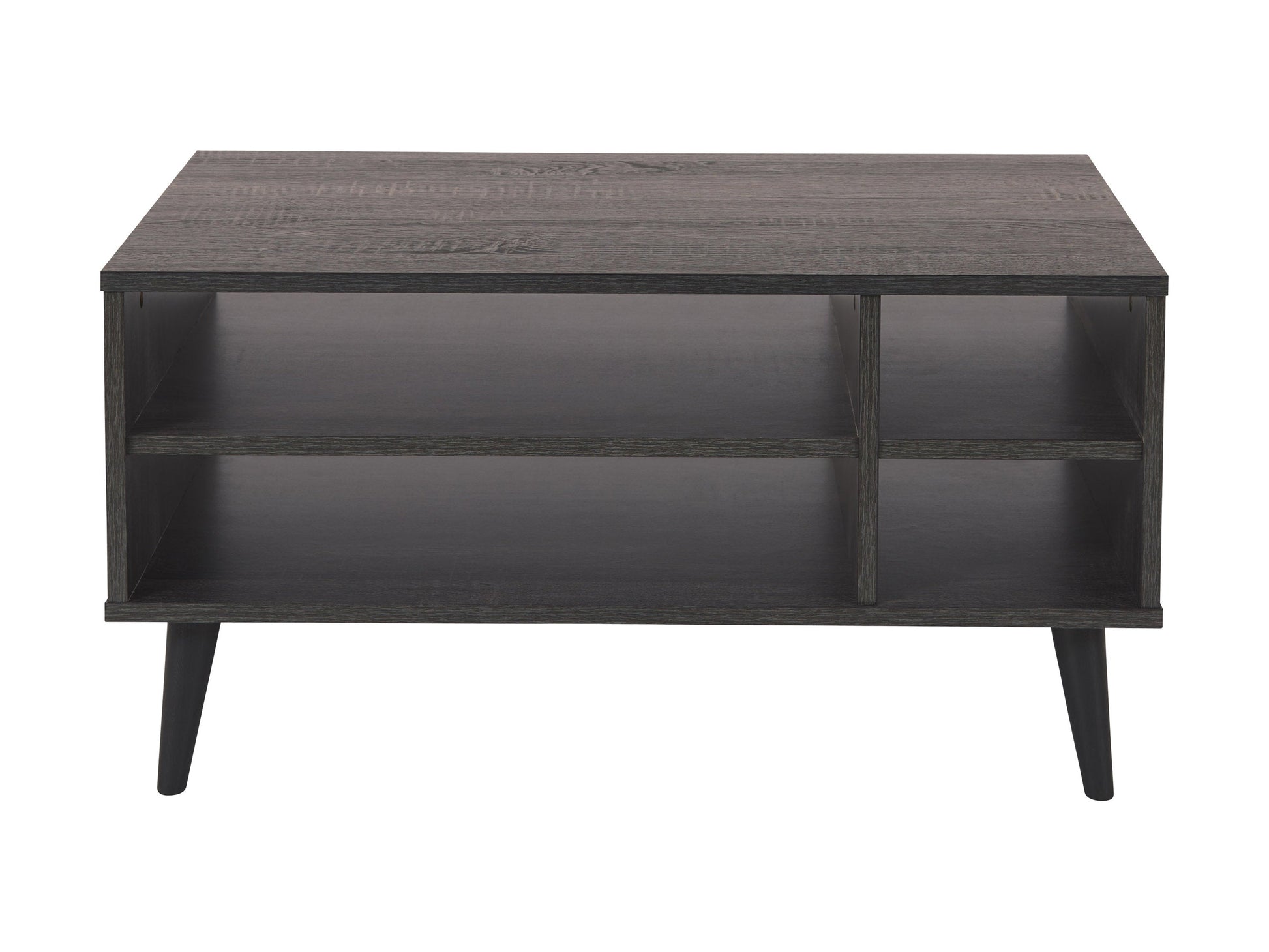 Dark grey rectangle coffee table with storage, wooden legs, and minimalist design.