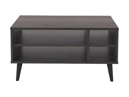 Dark grey rectangle coffee table with storage, wooden legs, and minimalist design.