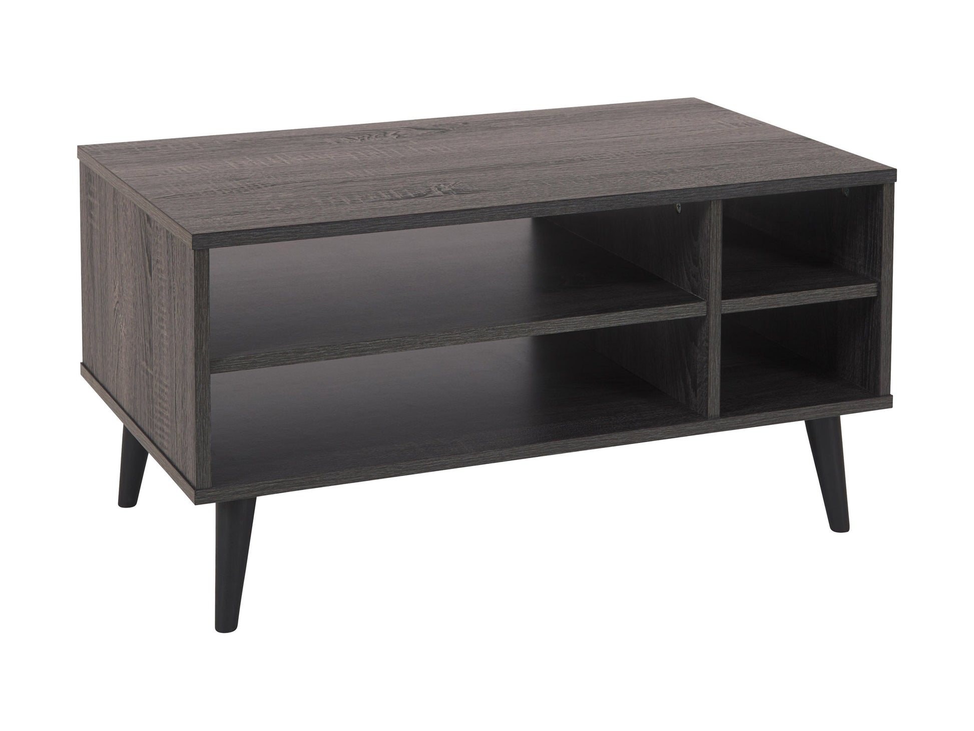 Dark grey rectangle coffee table with storage, sleek design, wooden legs, and minimalist aesthetic.