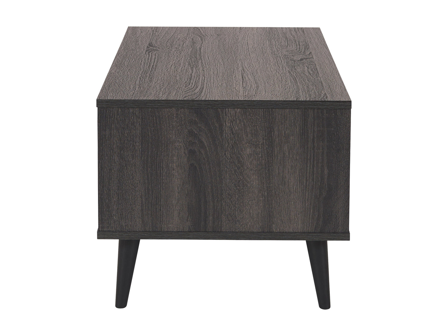 Dark grey rectangle coffee table with storage, sleek design, and sturdy wooden legs.