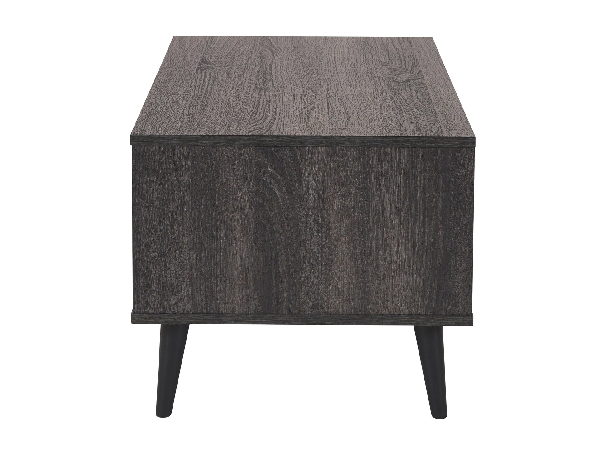Dark grey rectangle coffee table with storage, sleek design, and sturdy wooden legs.