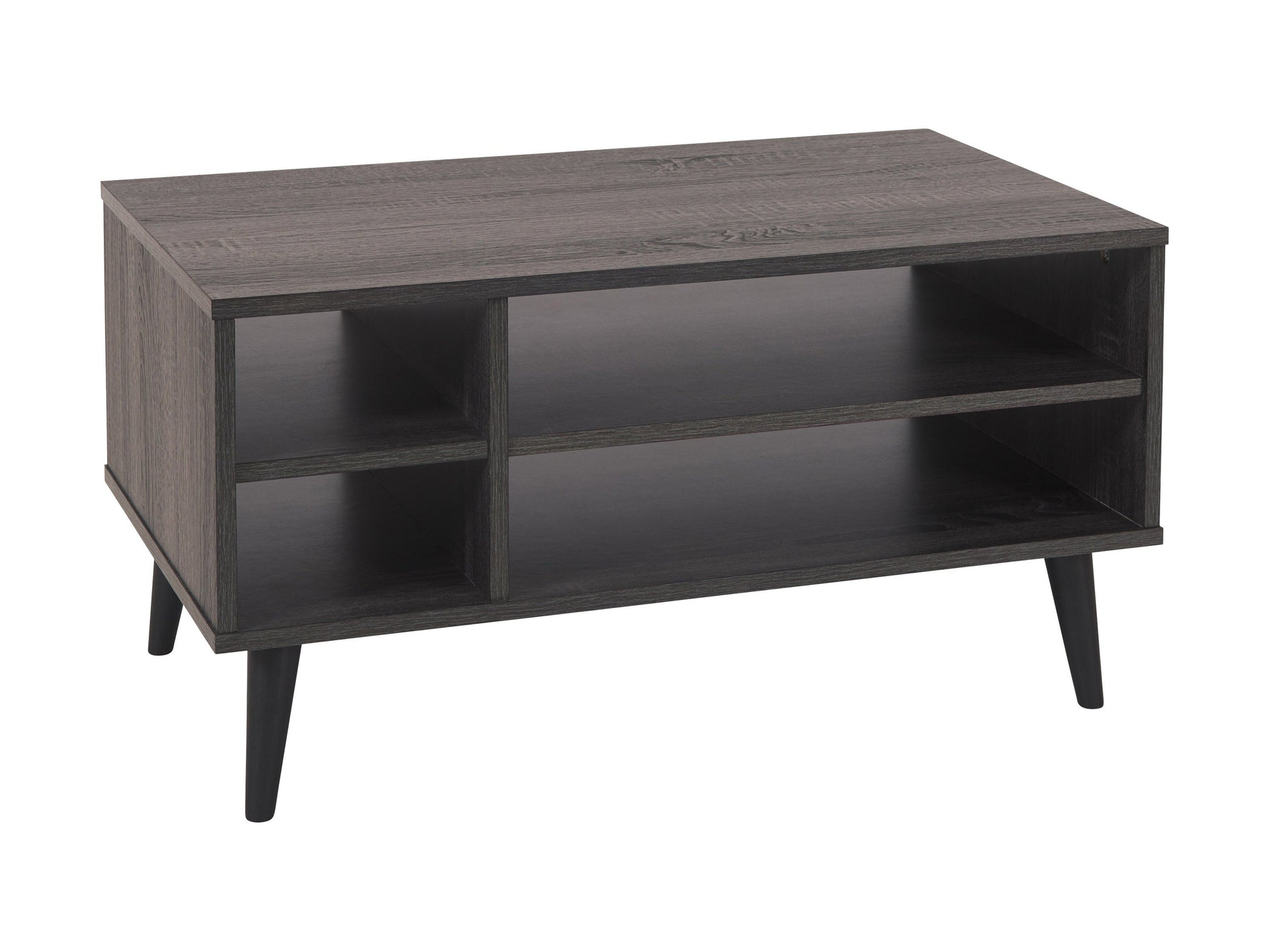 Dark grey rectangle coffee table with storage shelf, wooden legs, and minimalist design.