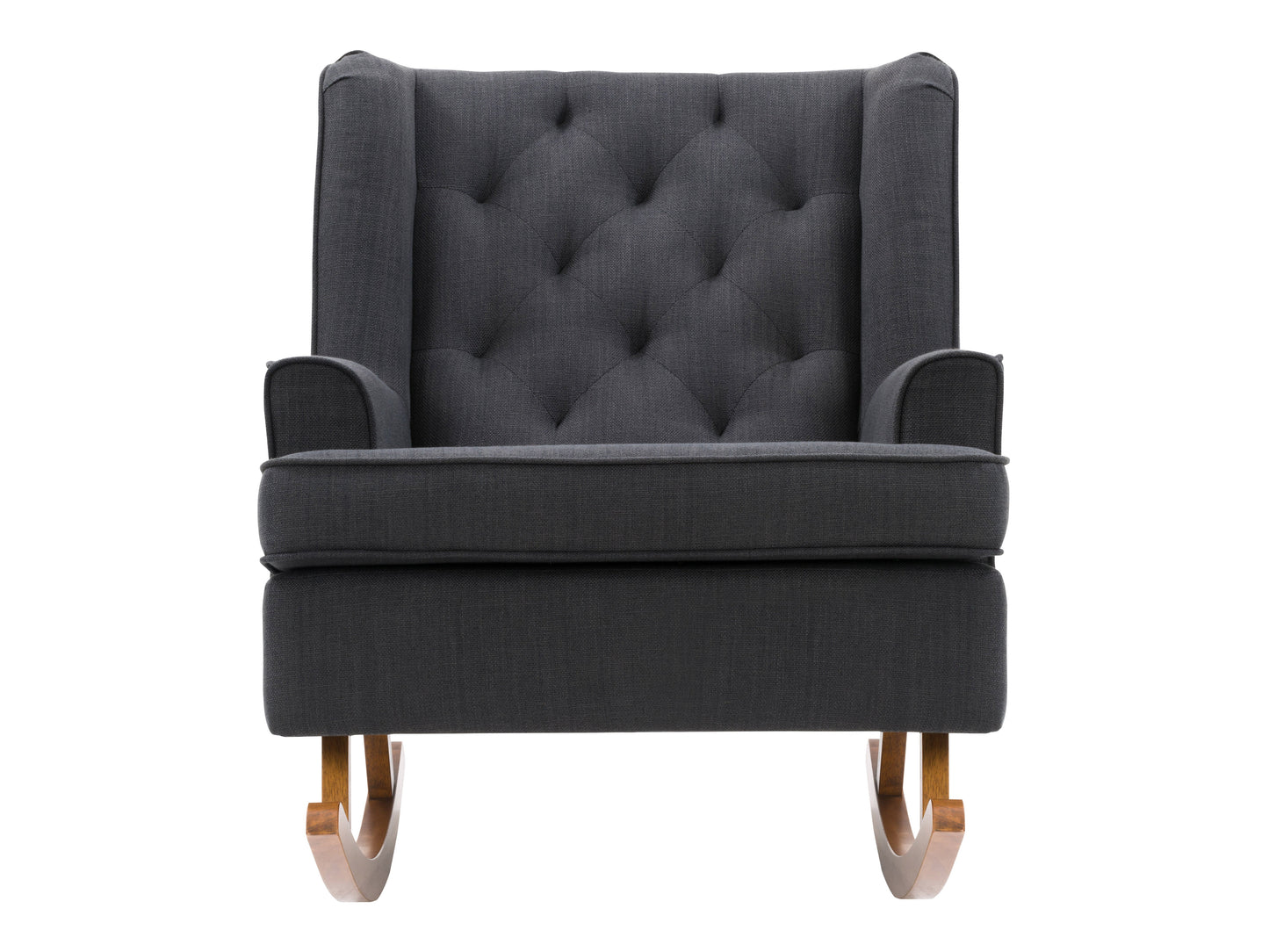 Dark grey fabric rocking chair with cushioned seat, wooden legs, and ergonomic design for modern living spaces.