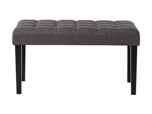Grey entryway bench with cushioned seat, wooden legs, and modern design.