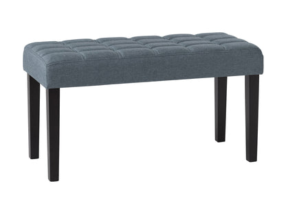 Blue entryway bench with cushioned seat, wooden legs, and minimalist design. Perfect for hallway or foyer seating.