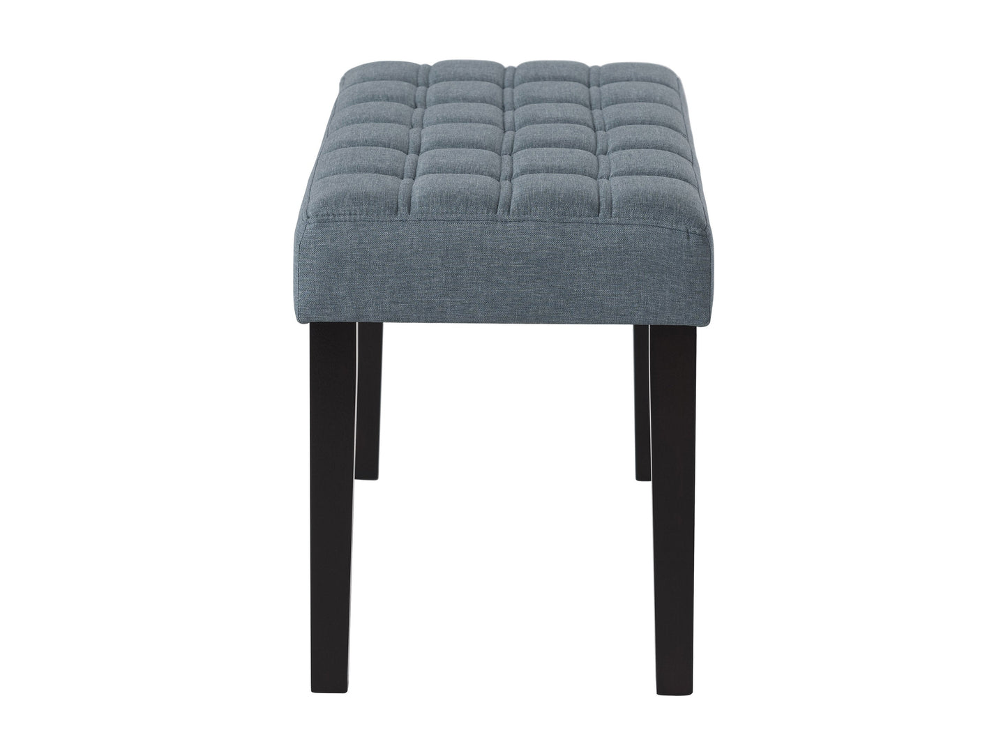 Blue entryway bench with cushioned seat, wooden frame, and storage shelf underneath.