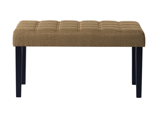 Beige entryway bench with wooden legs, cushioned seat, and backrest, perfect for modern home decor.