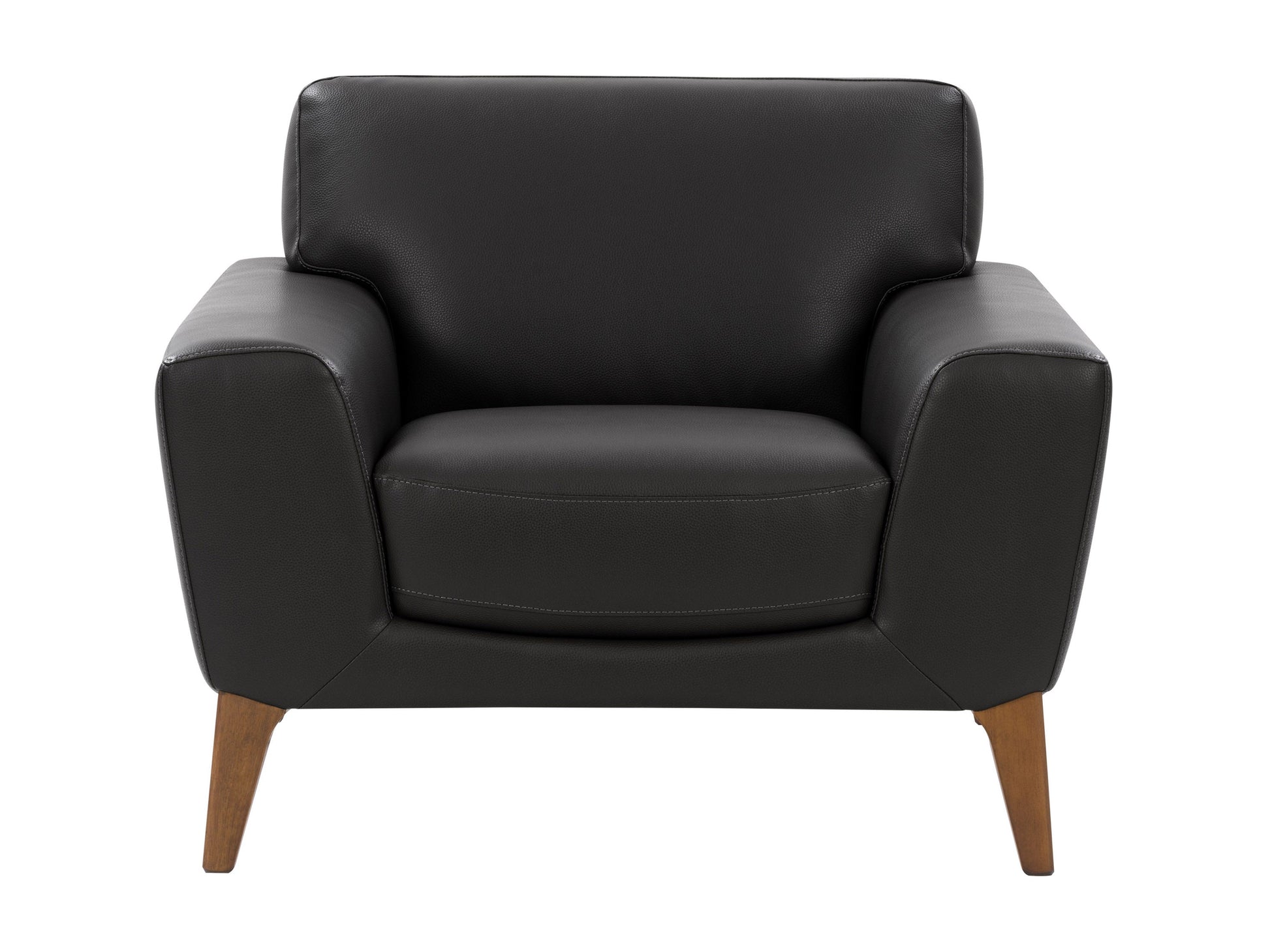Black faux leather arm chair with sleek wooden legs and tufted cushions for modern living room decor.