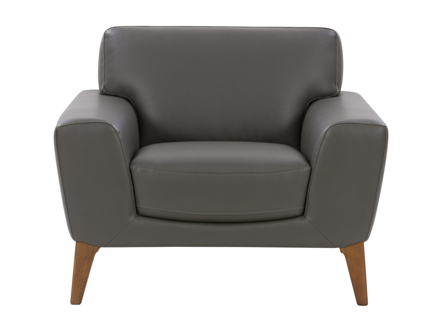 Grey faux leather arm chair with wooden legs, tufted backrest, and modern design.