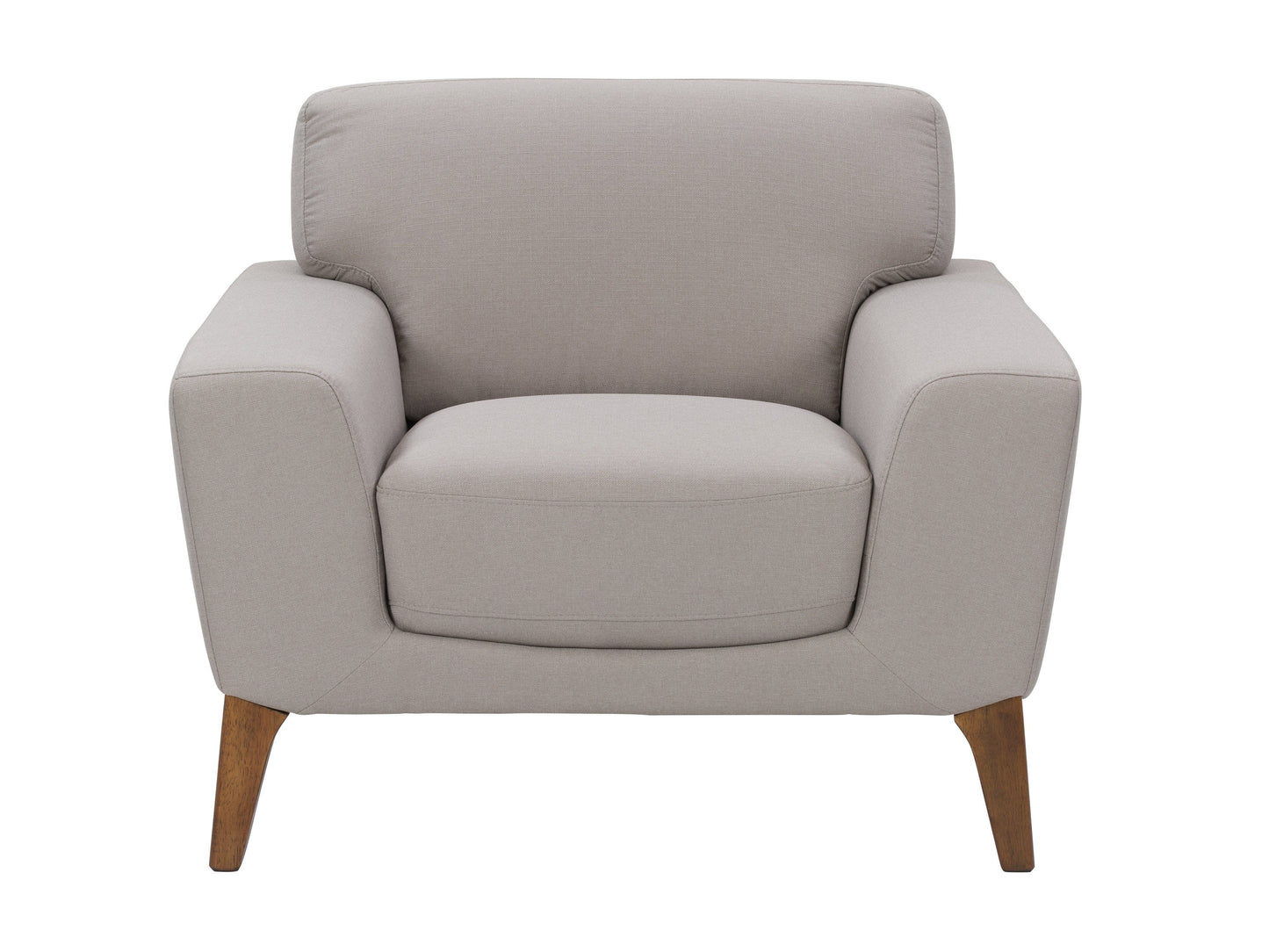 Light grey arm chair with wooden legs, fabric upholstery, and tufted cushions for modern living rooms.