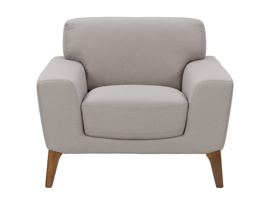 Light grey arm chair with wooden legs, fabric upholstery, and tufted cushions for modern living rooms.
