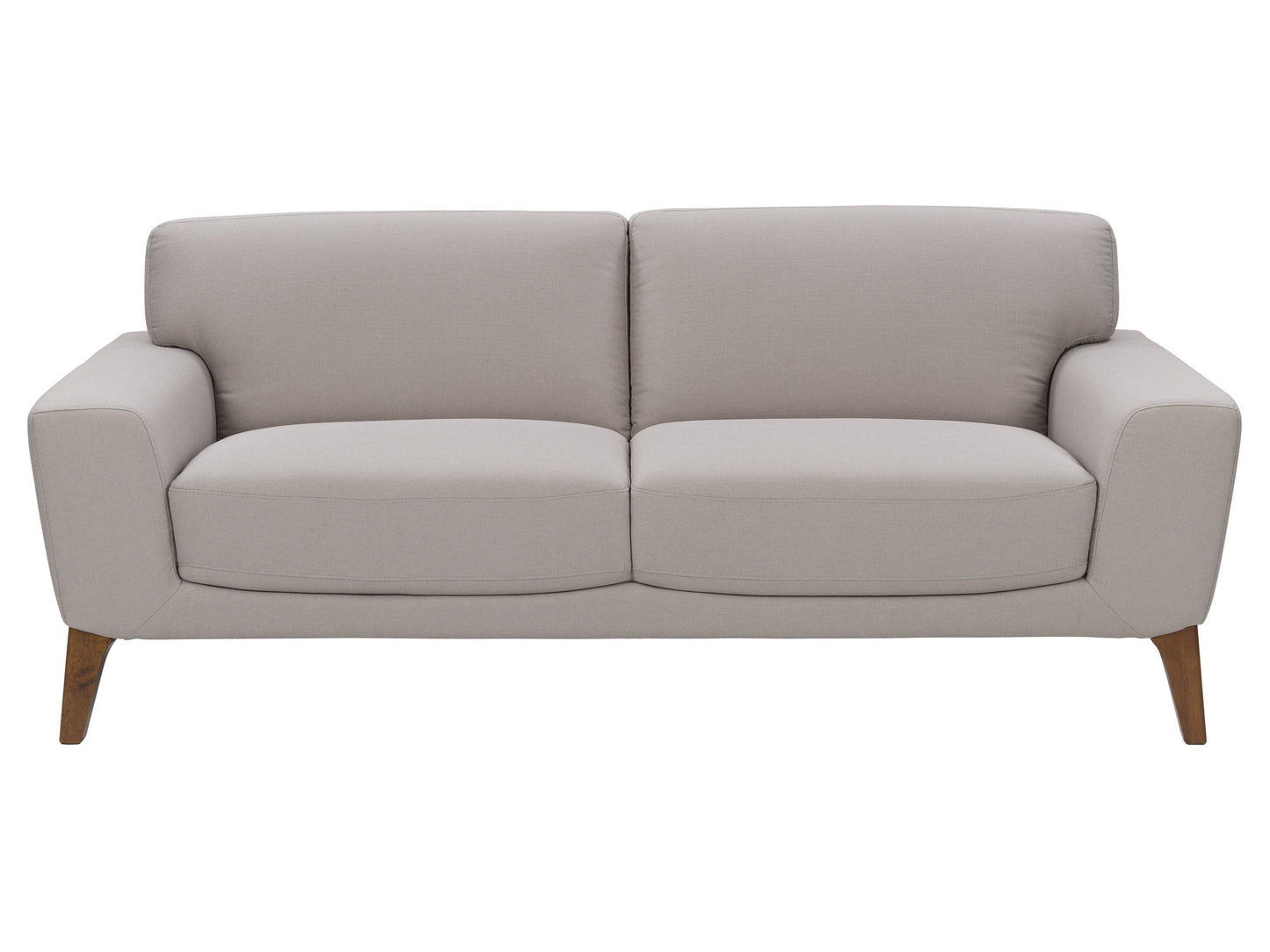 Light grey 3 seater sofa with tufted cushions, wooden legs, and modern minimalist design.