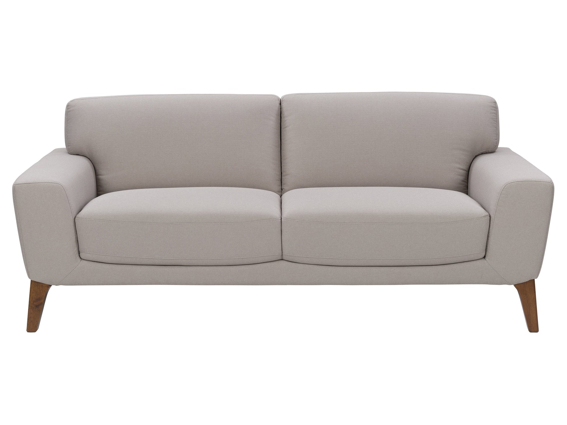 Light grey 3 seater sofa with tufted cushions, wooden legs, and modern minimalist design.