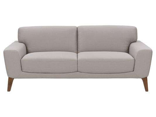 Light grey 3 seater sofa with tufted cushions, wooden legs, and modern minimalist design.