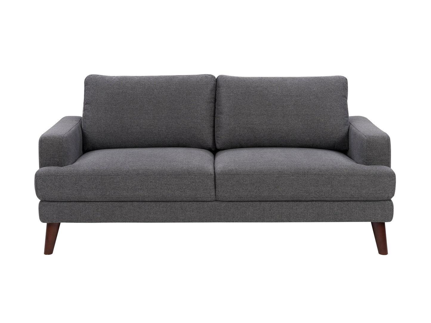 Dark grey fabric sofa with wooden legs, tufted cushions, and contemporary design.