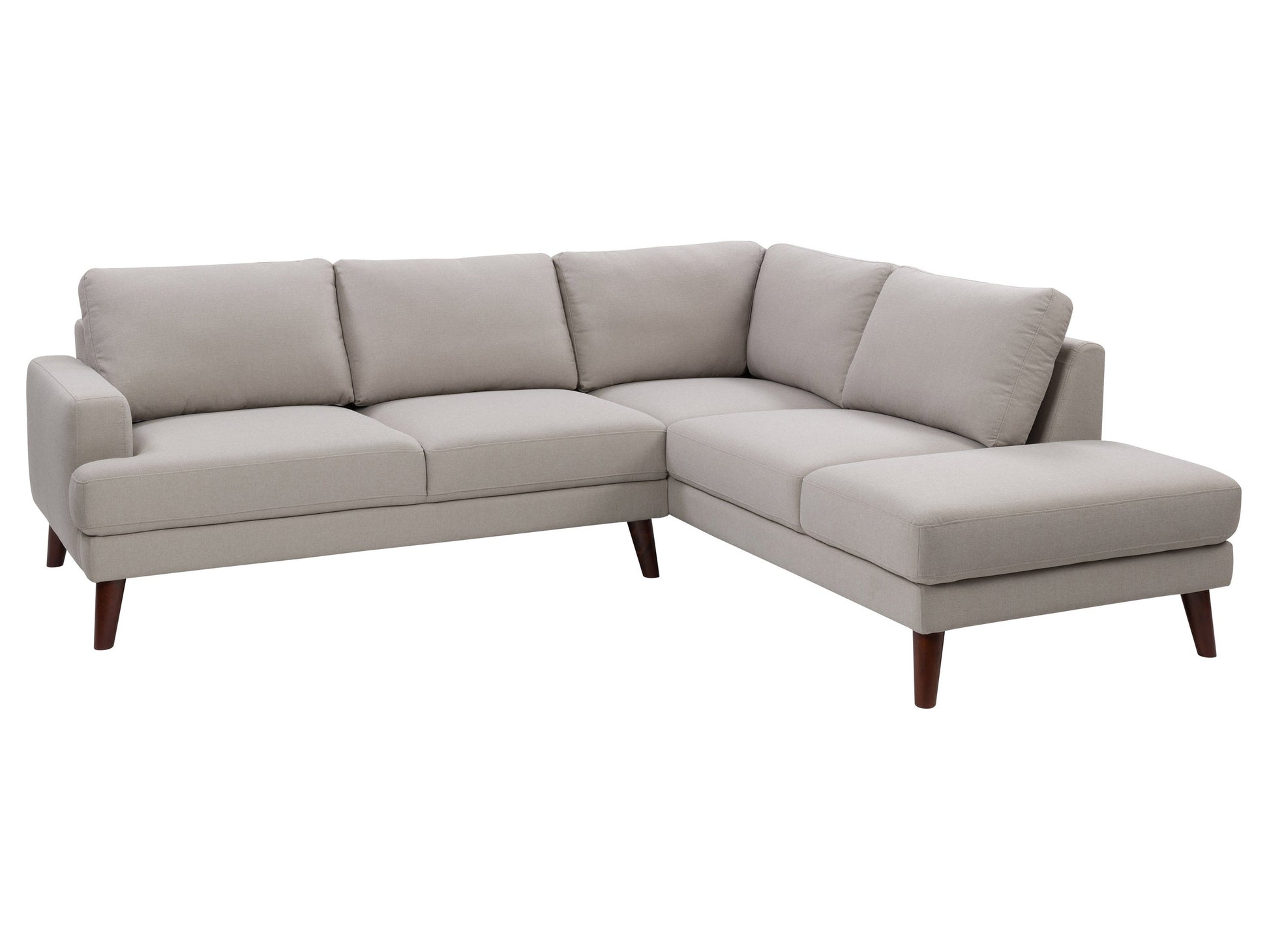 Grey sectional sofa, right facing, light grey fabric with wooden legs, tufted cushions, and modern design.