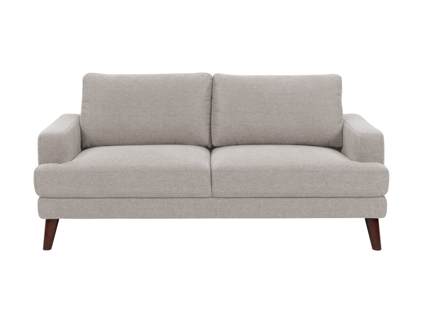 Light grey fabric sofa with tufted cushions, wooden legs, and a minimalist design.
