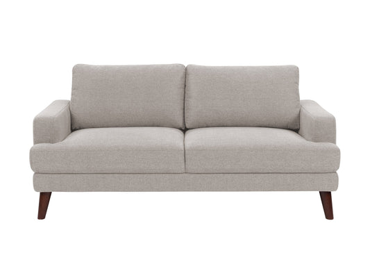 Light grey fabric sofa with tufted cushions, wooden legs, and a minimalist design.
