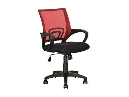 Ergonomic office chair with orange mesh back, black seat, and same base; adjustable height and wheels.