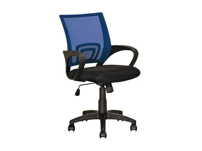 Ergonomic office chair with navy blue/gray mesh back, black seat, and adjustable height; five-wheel base.