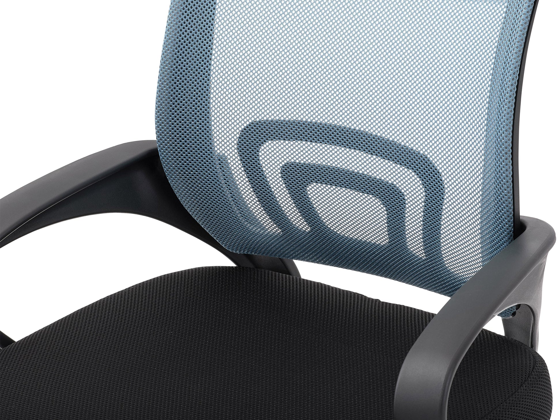 Blue mesh back office chair with lumbar support, adjustable height, and ergonomic design.