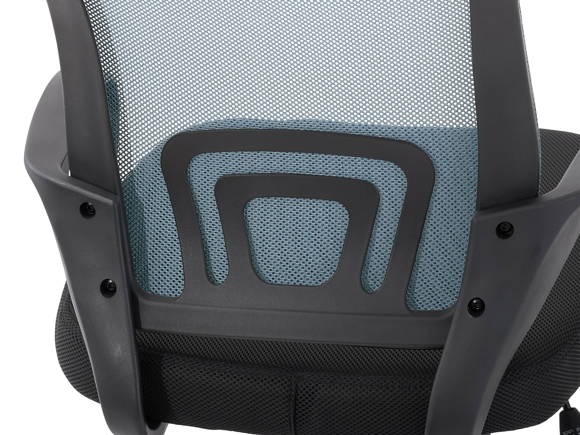 Blue mesh back office chair with ergonomic design, adjustable height, and black swivel base.