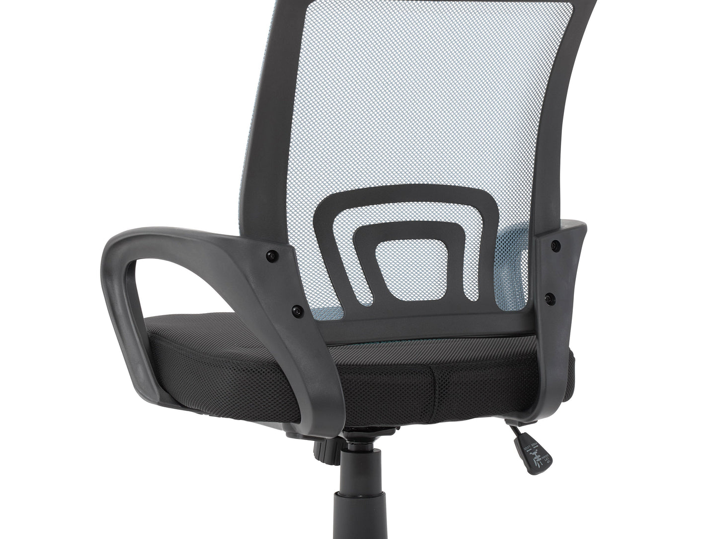 Blue mesh back office chair with ergonomic design, adjustable height, and black swivel base.