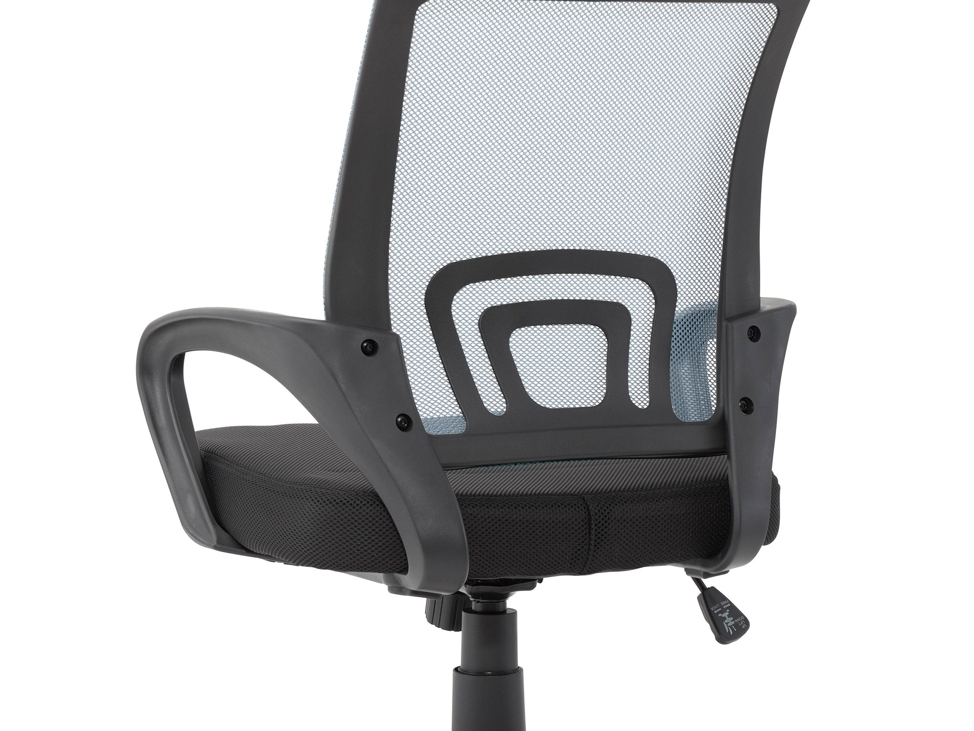 Blue mesh back office chair with ergonomic design, adjustable height, and black swivel base.