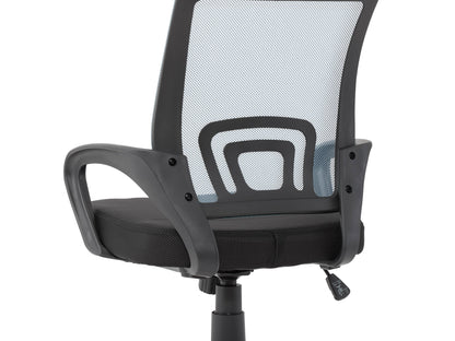 Blue mesh back office chair with ergonomic design, adjustable height, and black swivel base.