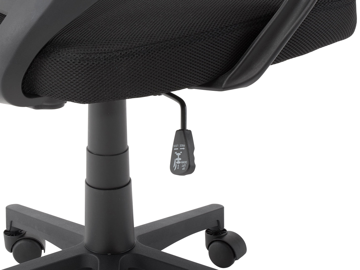 Mesh back office chair, blue ergonomic design with adjustable height, padded seat, and swivel base.
