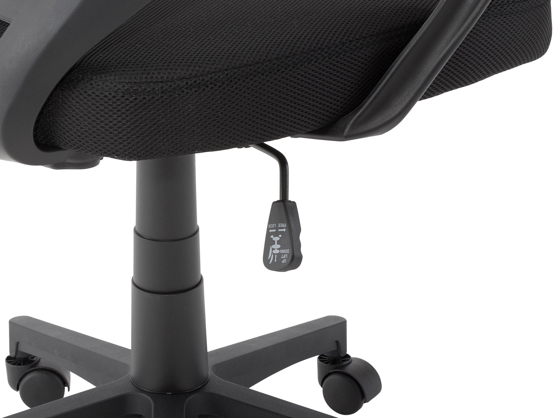 Mesh back office chair, blue ergonomic design with adjustable height, padded seat, and swivel base.