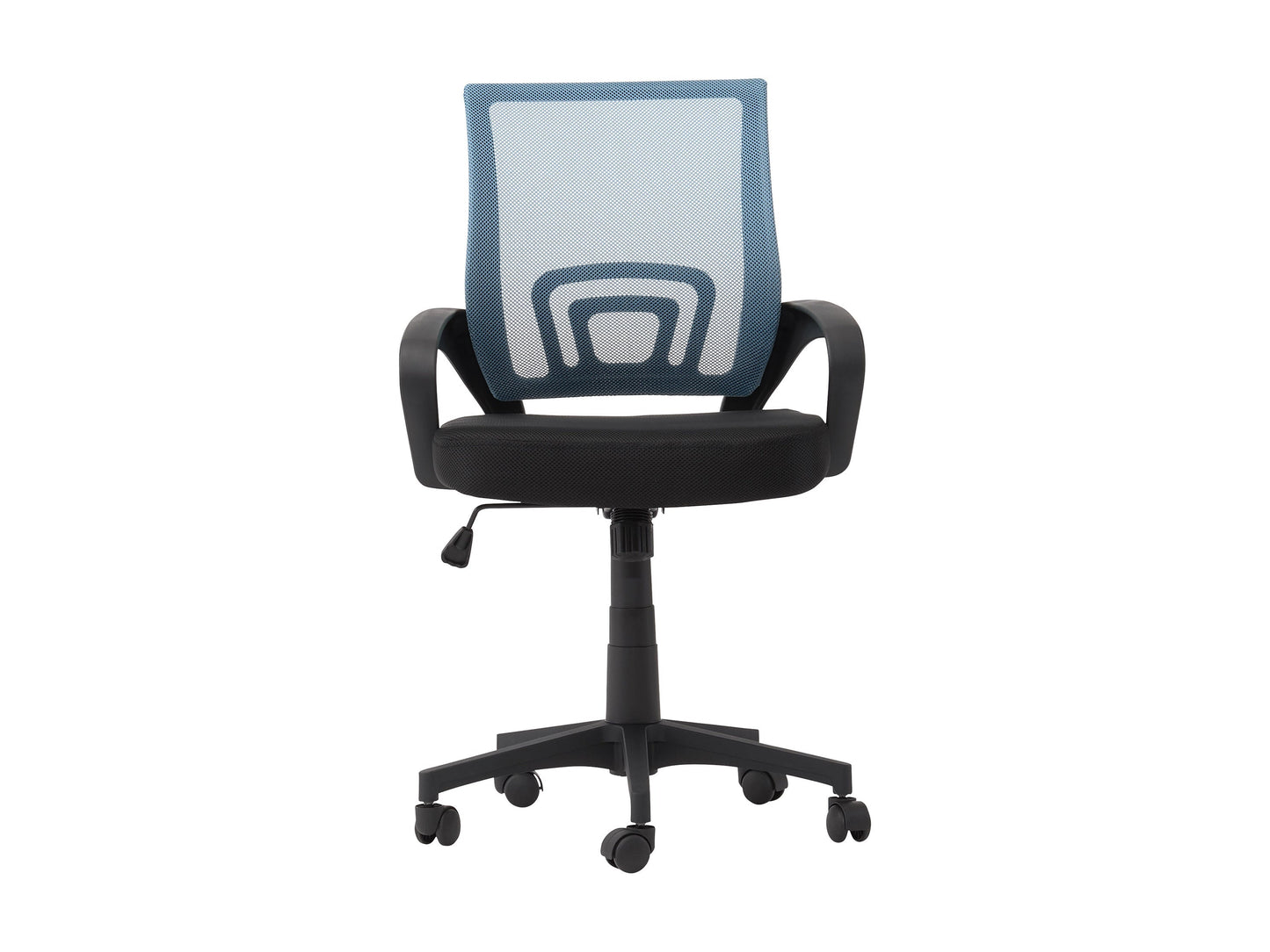 Blue mesh back office chair with adjustable height, ergonomic design, and black armrests.