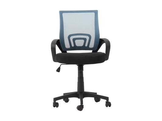 Blue mesh back office chair with adjustable height, ergonomic design, and black armrests.